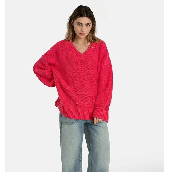 Free‎ People Sweater Womens Alli V-Neck Chunky Knit Pink Cotton Blend Size S - Picture 1 of 9